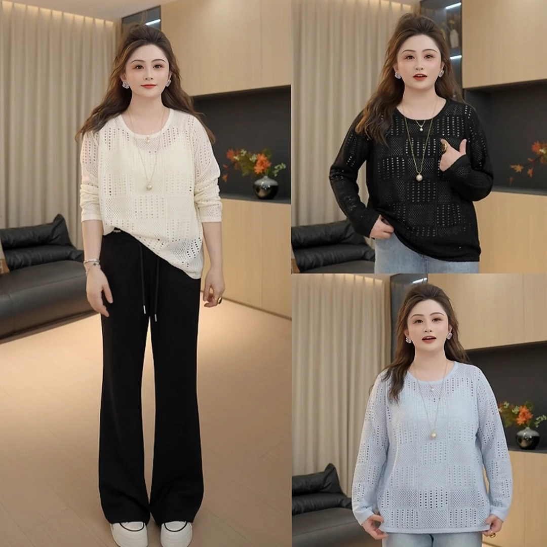 【胖佳佳】现货~网纹罩衫 长袖镂空针织衫秋季气质百搭H625Z13588