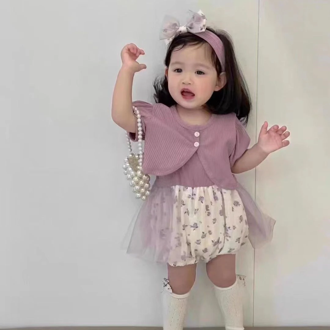 女宝宝夏季两件套装碎花拼接吊带包屁衣开衫甜美外出婴幼儿衣服