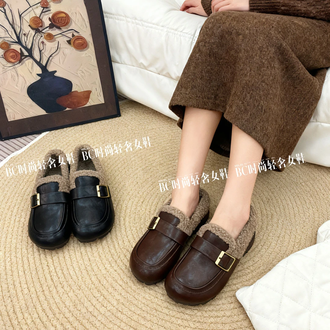 2025秋冬加厚棉鞋豆豆鞋妈妈鞋羊羔毛加绒百搭软底防滑保暖复古