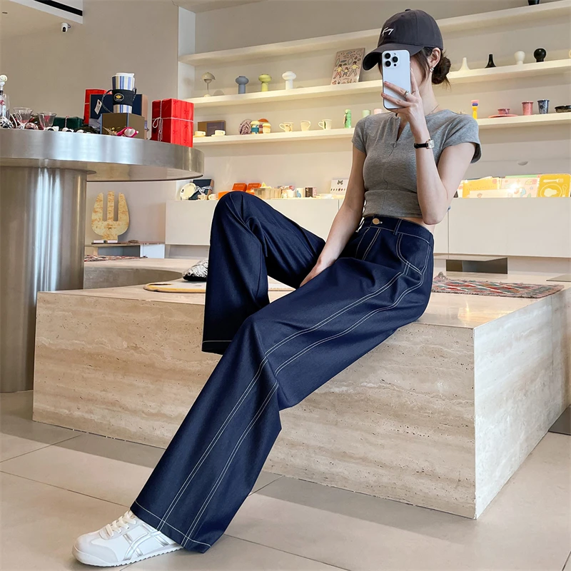 莱赛尔天丝牛仔裤2025新款女夏季薄款高腰显瘦显冰丝阔腿直筒裤子