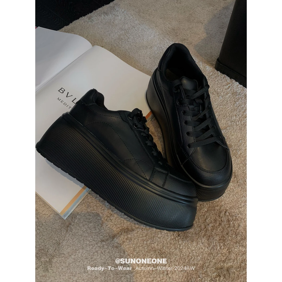 SUNONEONE 绑带厚底休闲鞋女春季韩版黑色增高舒适运动鞋H0656S