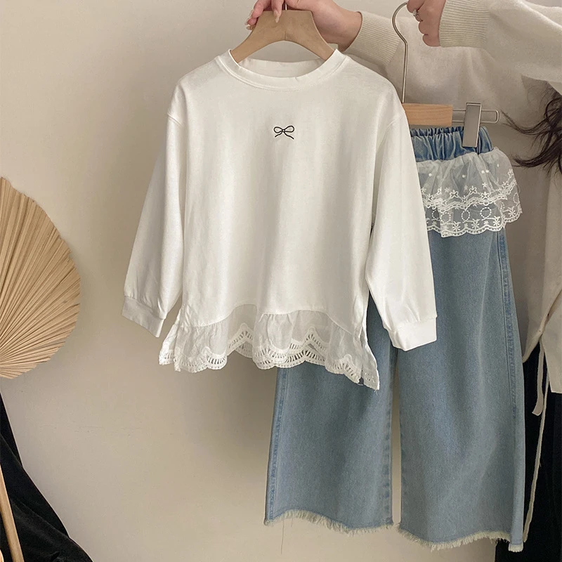 Z-MK003女童蕾丝花边长袖上衣春季连衣裙屁帘牛仔裤阔腿裤两件套