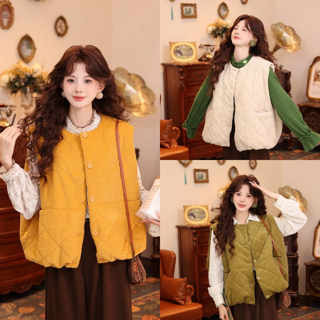 温舒敏【多汁阳光】港风复古宽松格子休闲显瘦背心棉马甲MM2477289