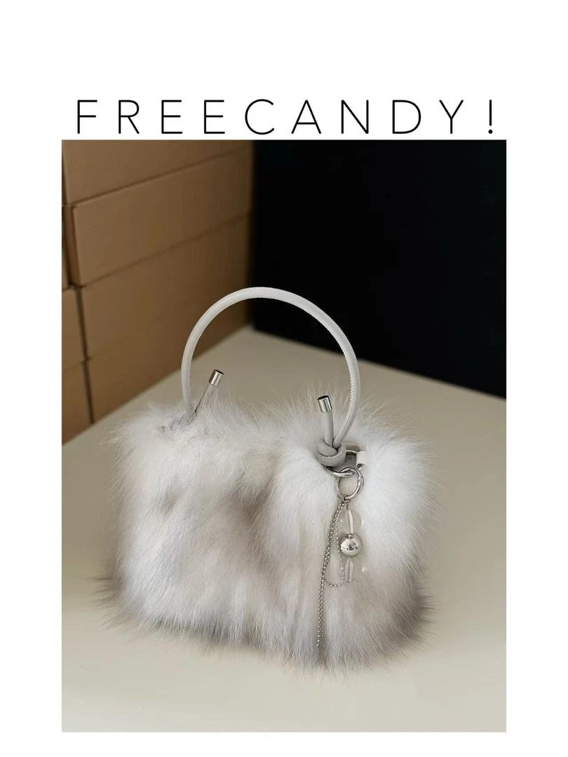 FREECANDY原创银渐层 狐狸毛毛水桶手拎百搭单肩斜挎皮草包包秋冬