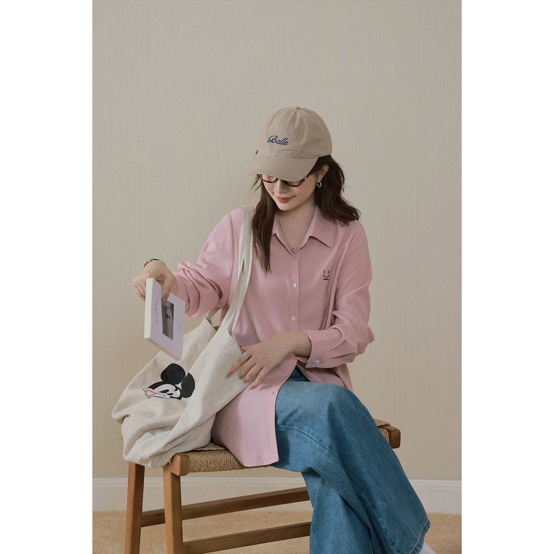 现货大婉酱微胖定制【桃汽微笑】亚麻混纺刺绣衬衫女显瘦上衣 2508D