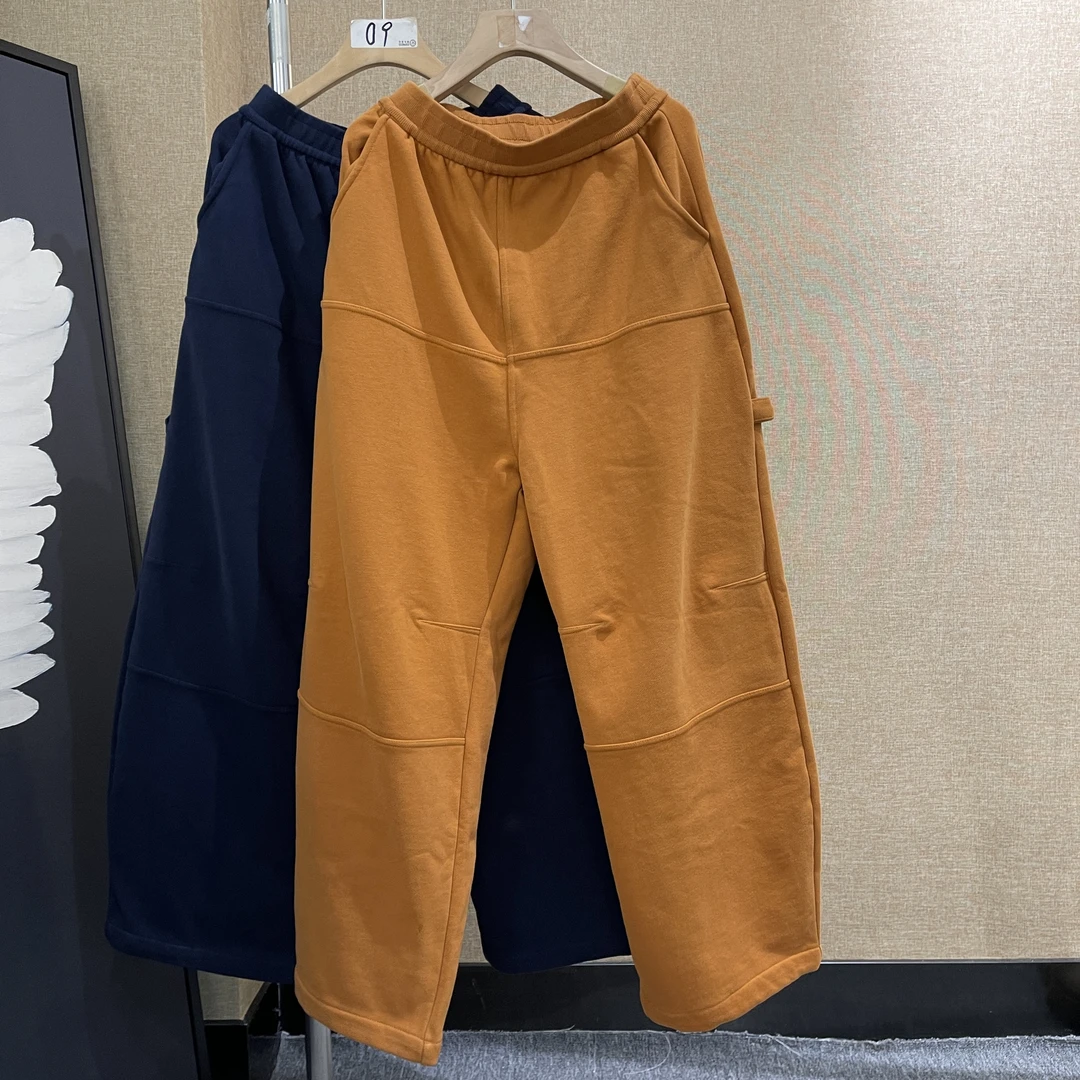 纯色休闲裤宽松秋季户外抽绳工装风拼接高腰秋冬舒适裤