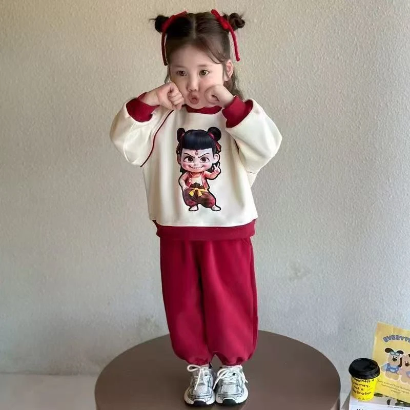 春秋纯色休闲风哪吒套装男童女童套装