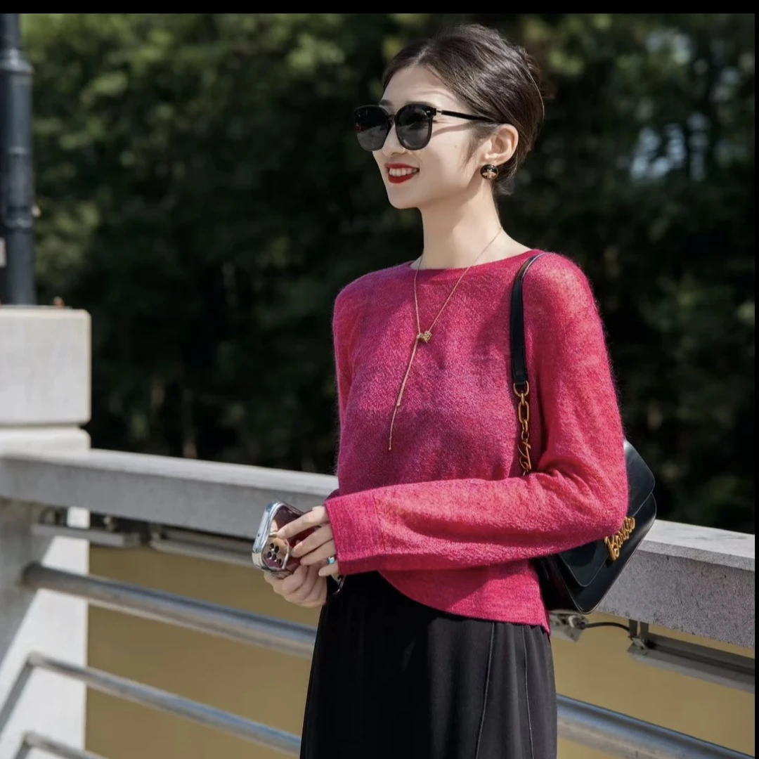 魅力磁场】轻盈薄透慵懒舒适圆领套头长袖针织衫 538002