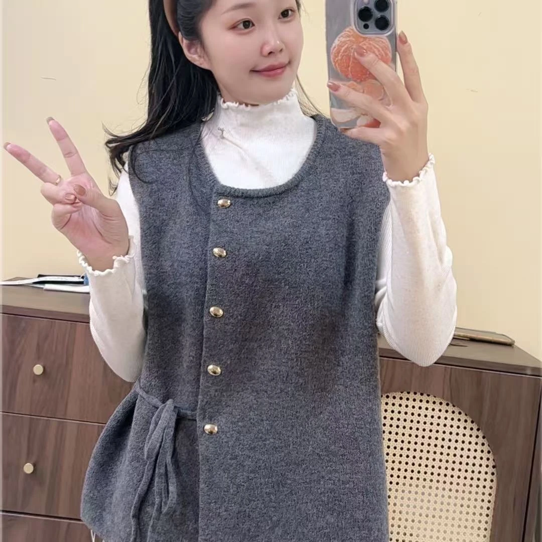 【绑带马甲】灰色马甲毛衣秋冬新款上衣保暖套头针织开衫Y0080灰