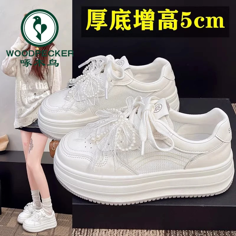 啄木鸟厚底小白鞋2025春季新款增高网面休闲板鞋小个松糕网纱单鞋
