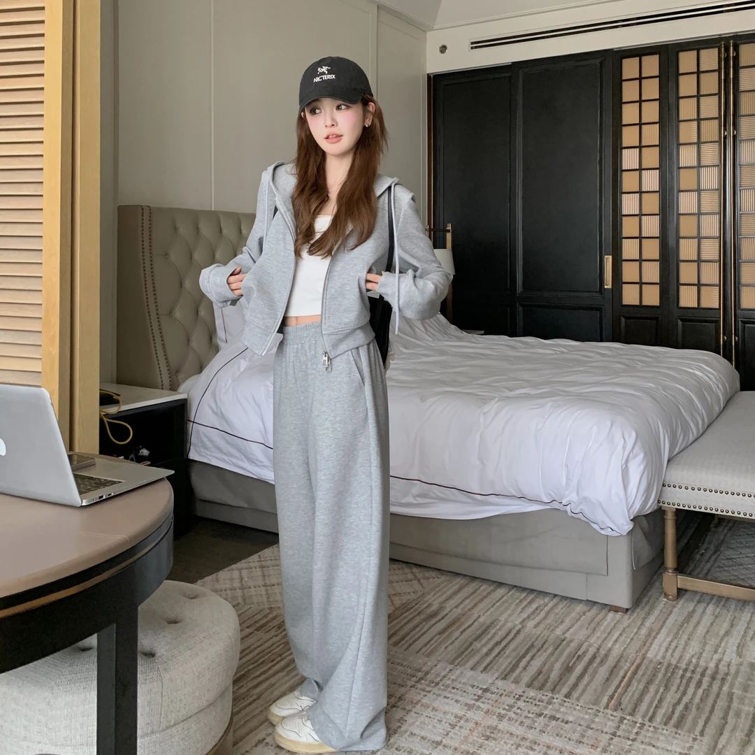 灰色休闲运动卫衣套装女春季2025新款简约时尚连帽上衣长裤两件套