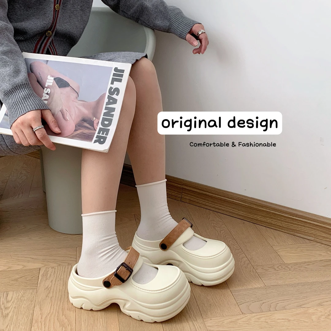 高档皮革玛丽珍女夏日系网红凉拖鞋外穿厚底包头拖不臭脚洞洞鞋女