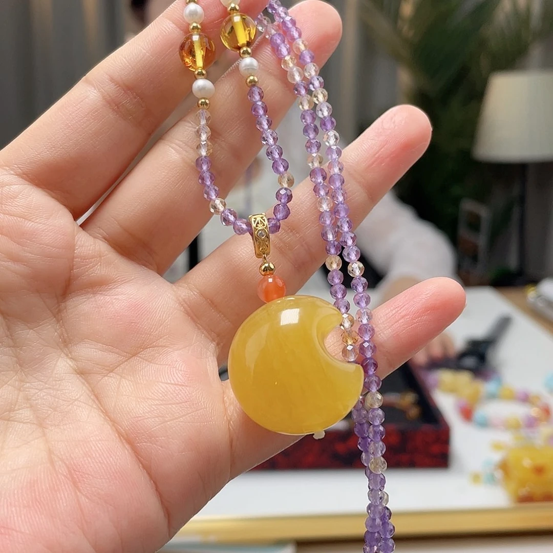 银S925镀金镶嵌琥珀裸石蜜蜡吊坠
