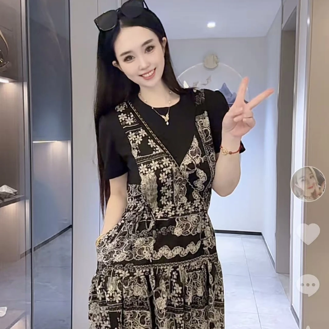 【Amy花猫】法式拼接假两件连衣裙女新款慵懒风复古甜美减龄碎花裙