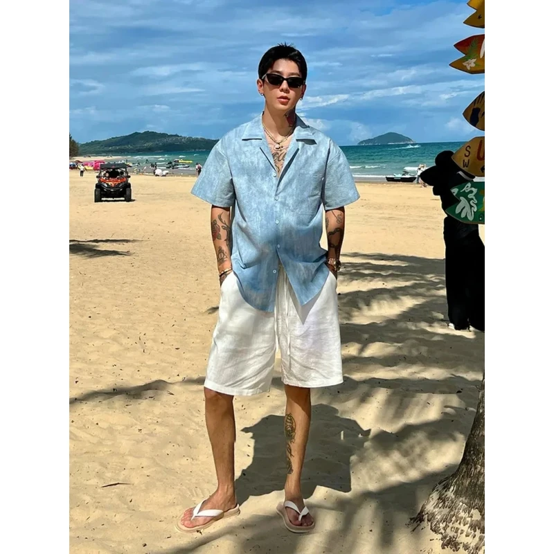 老钱风夏威夷古巴领衬衫短袖男夏季薄款海边出片穿搭蓝色扎染衬衣