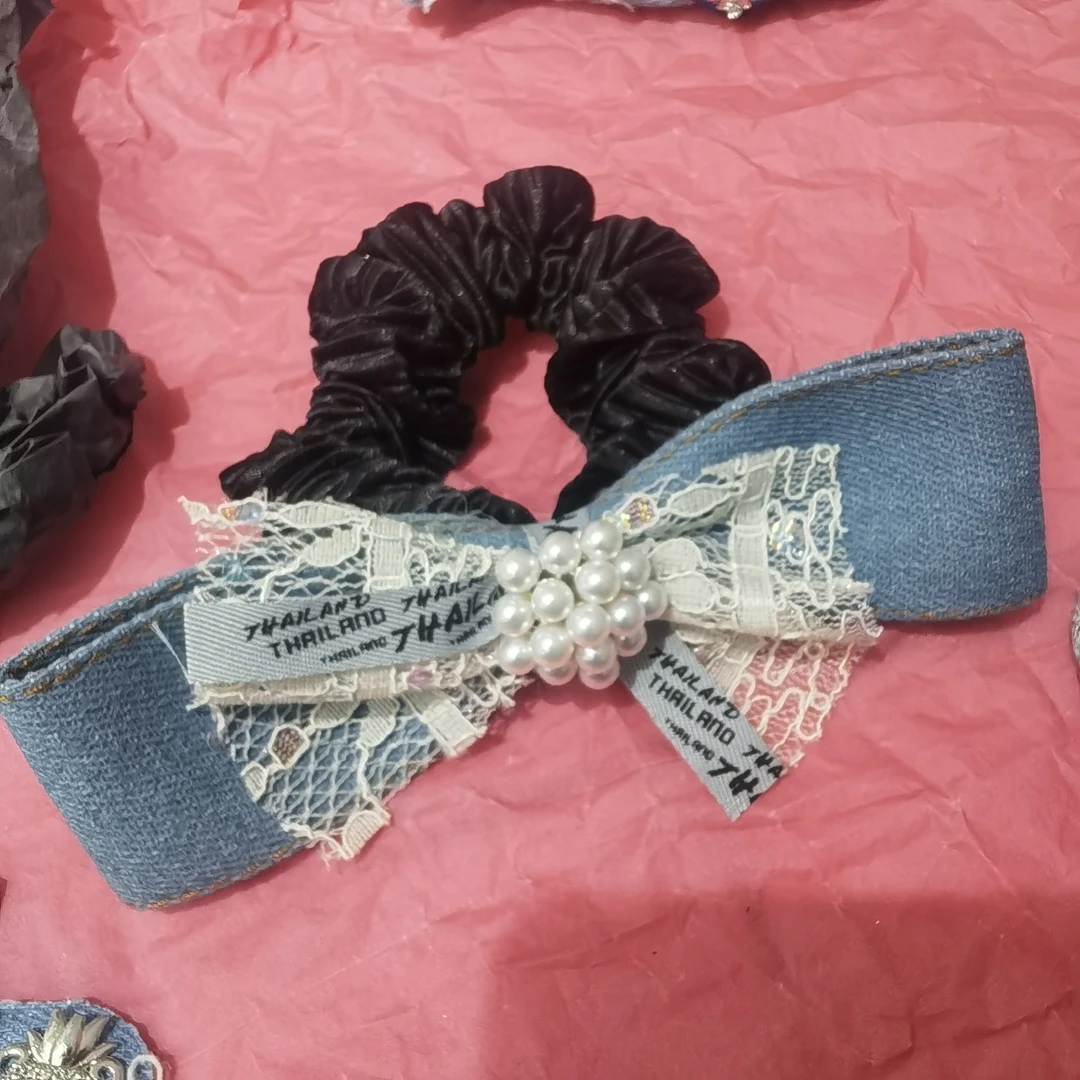 E945蓝色牛仔蝴蝶结多珠肠圈