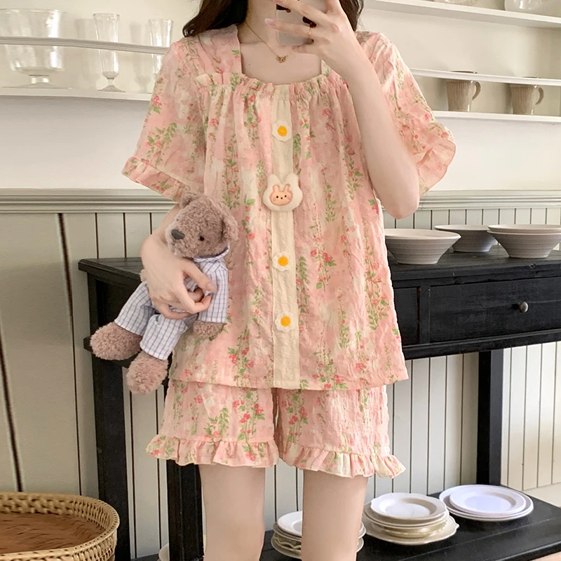 云朵棉睡衣女款夏季带胸垫短袖宽松大码公主风少女学生家居服套装