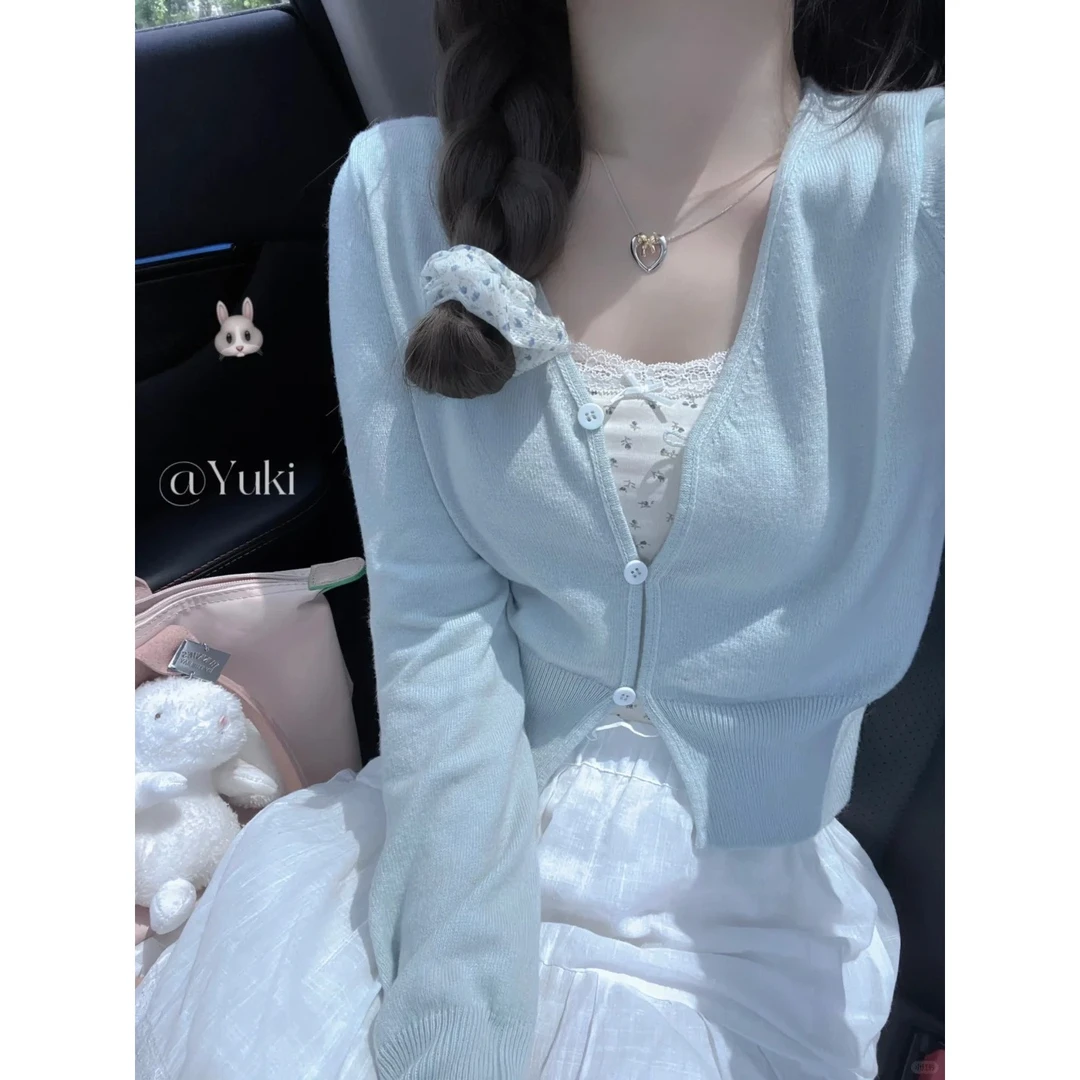 蓝色小香风短款v领针织开衫女春秋配吊带裙外搭罩衫薄款外套上衣