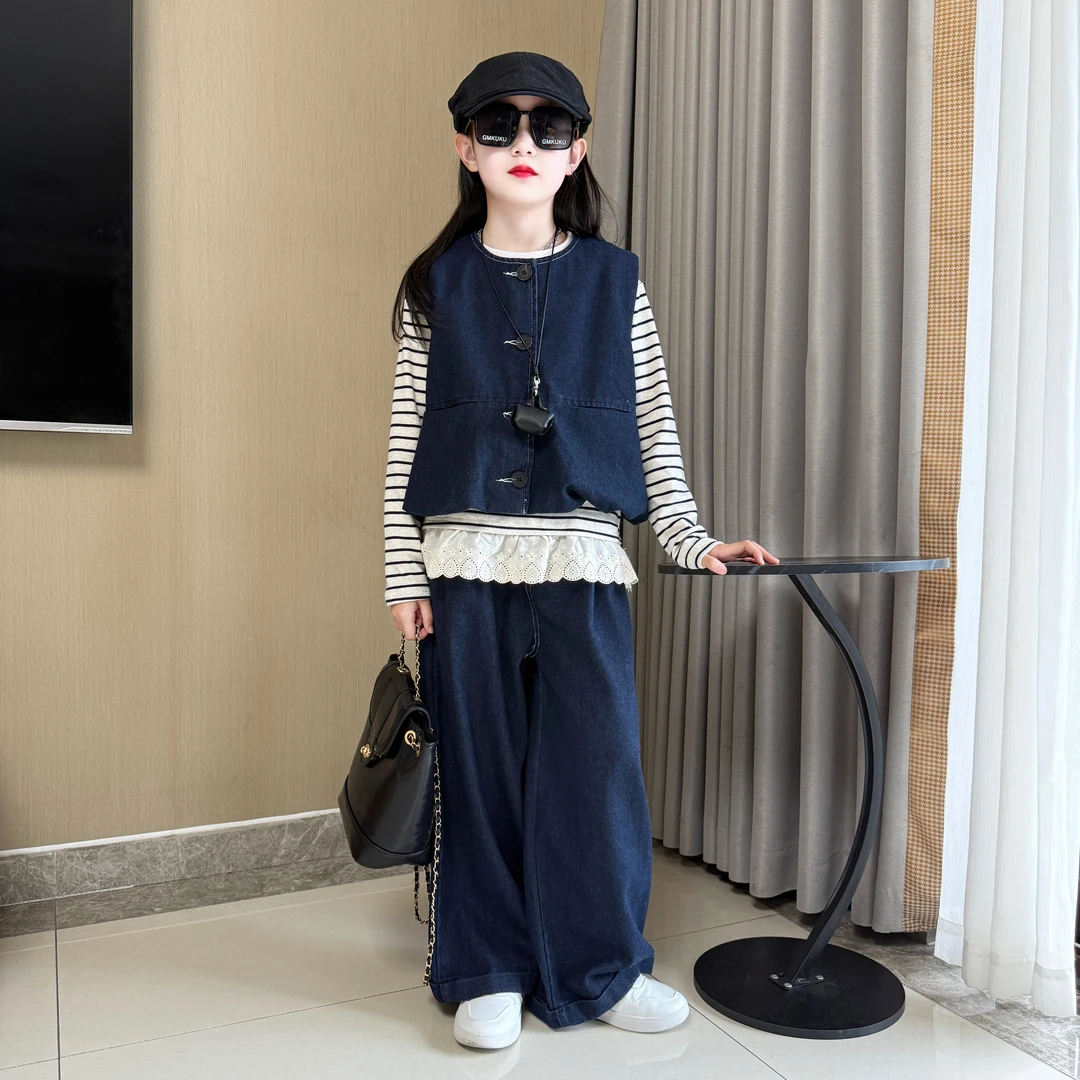 女童秋装套装2025新款儿童春秋牛仔洋气针织时尚中大童韩版