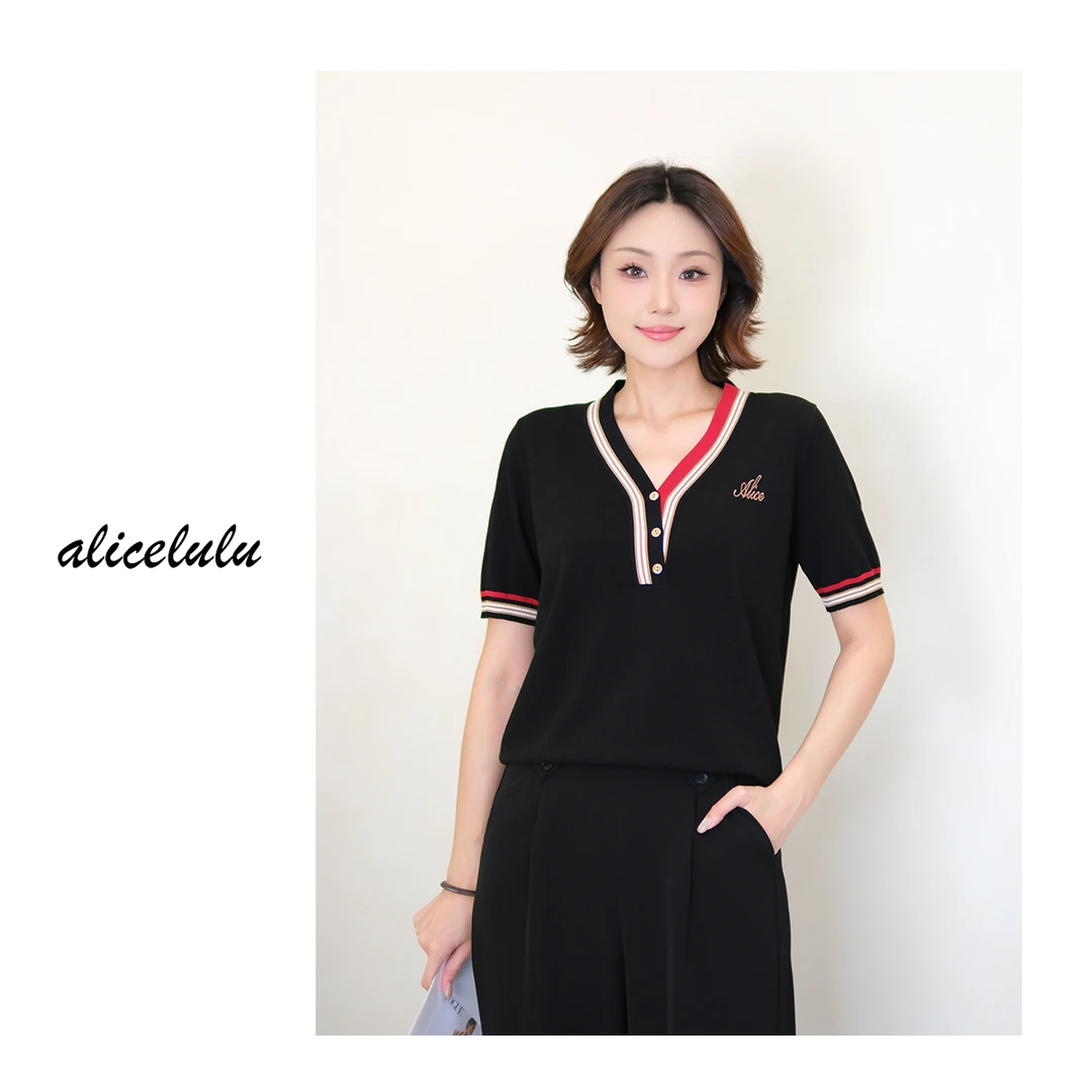 [alicelulu] 夏季新款V领短袖薄款毛针织衫显瘦百搭S2143021L