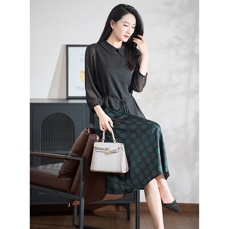 迪欧芙2025春季新款黑色上档次娃娃领款七分袖女连衣裙#CTZ87742