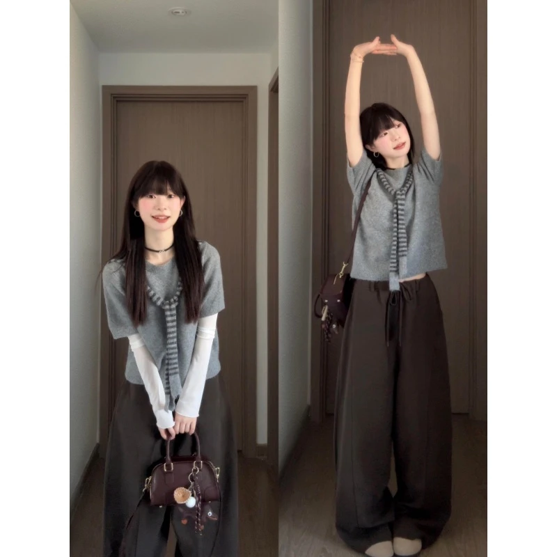 MARIE.COCO慵懒风穿搭秋季新款针织短袖T恤内搭打底衫气质阔腿裤