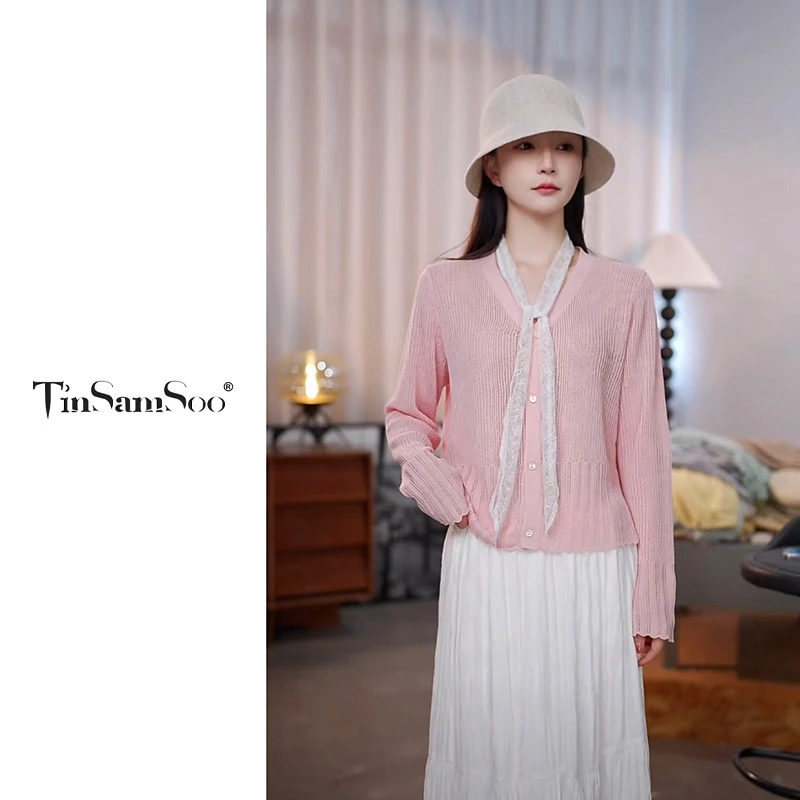 【白桃气泡】夏季新款V领竖纹开衫YZAM807