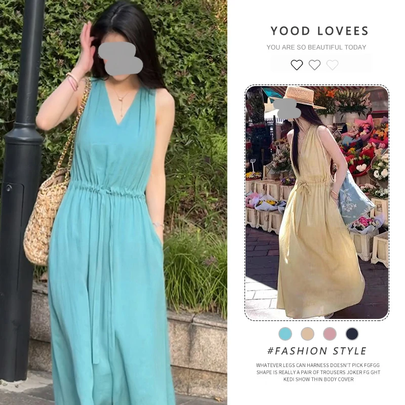 2025夏季新款法式高腰V领收腰系带长裙气质名媛无袖垂感连衣裙潮