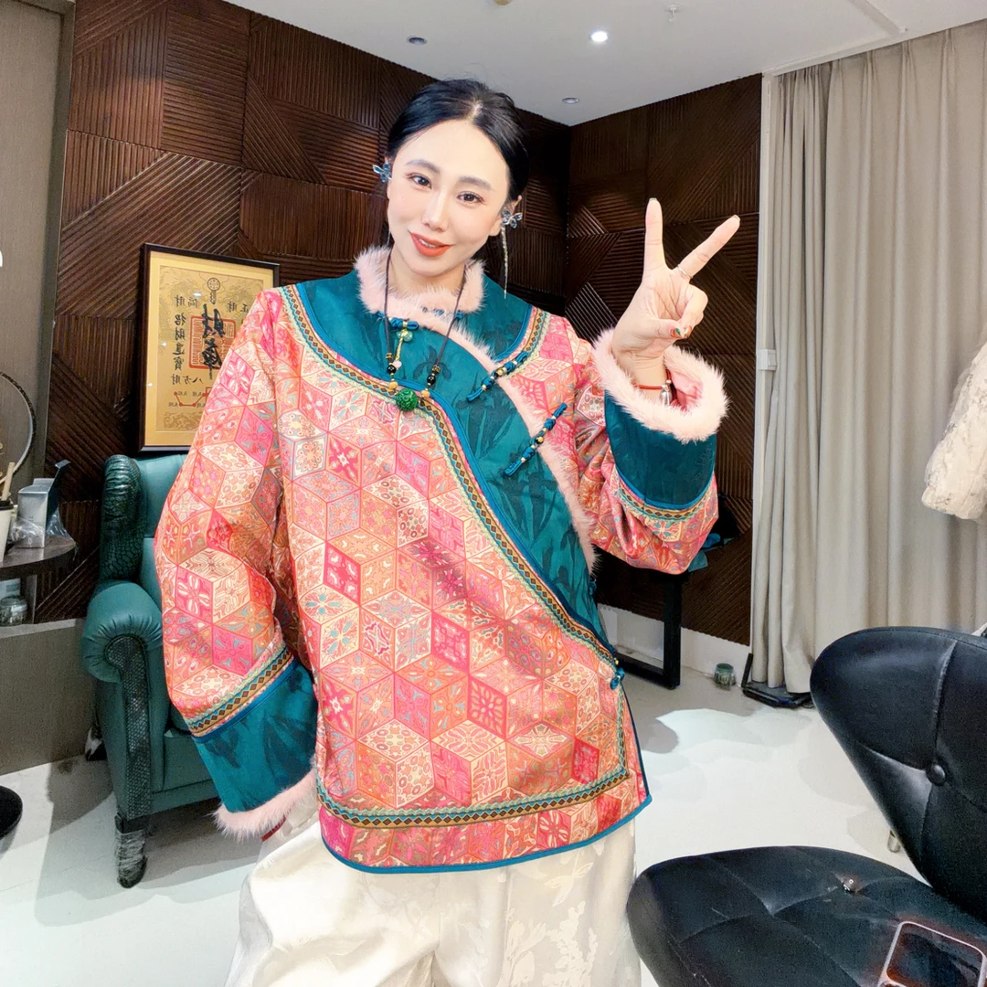 5987#《人丝蜀锦太太服》保暖不褪色冬厚款国风提花服