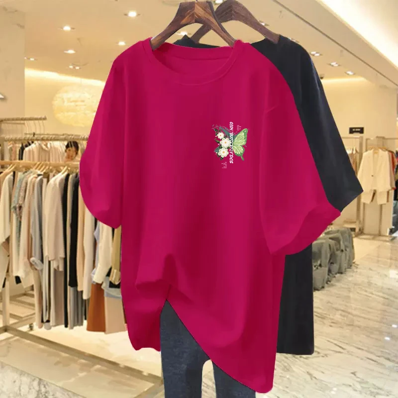 火龙果色短袖t恤女2026夏季新款宽松大版中长款纯棉蝴蝶印花上衣