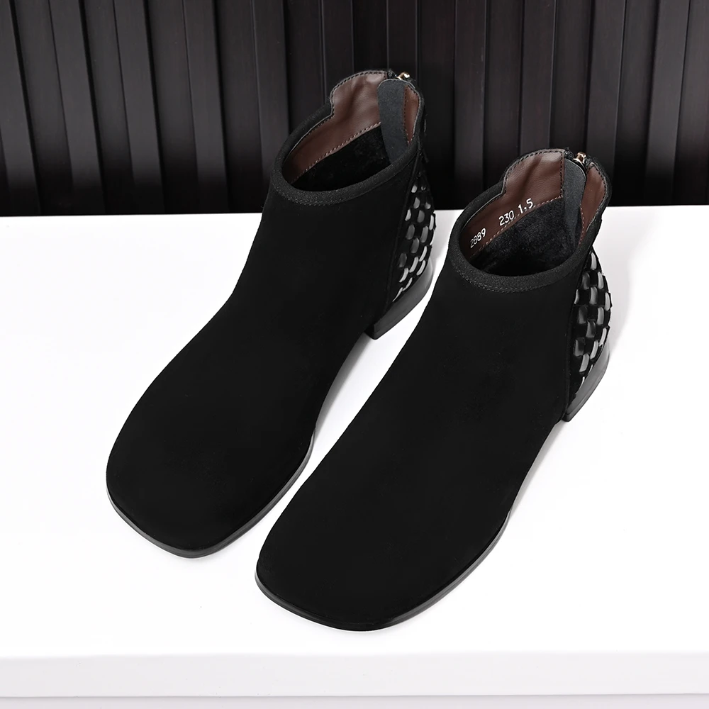 真皮羊皮磨砂方头后拉链短靴女秋冬新款粗跟编织拼接百搭舒适裸靴