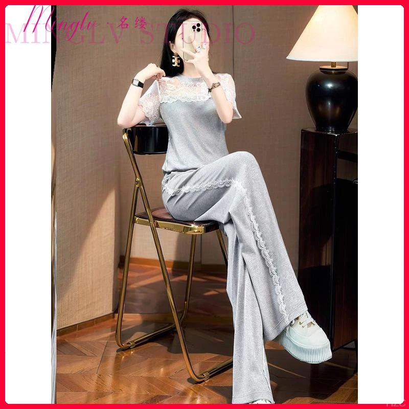 名缕品牌甜美夏季女人休闲两件套腿龄裤2025年时尚套装