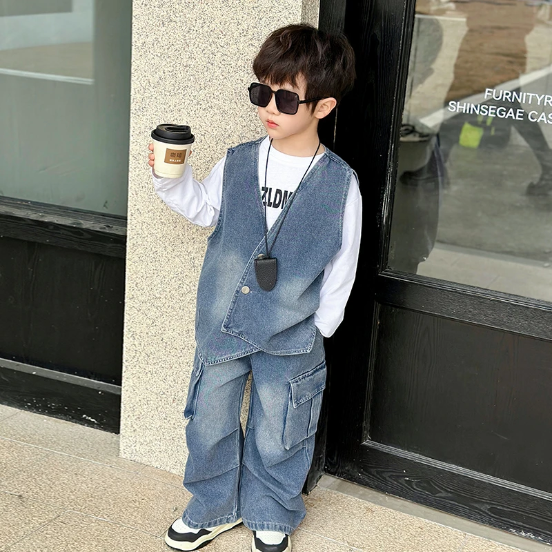 男童春秋装牛仔套装2025新款宝宝春季韩版三件套儿童装酷帅衣服潮