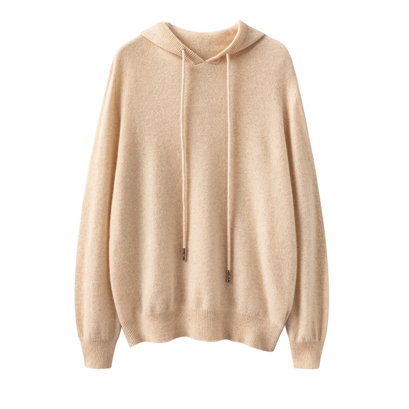 纯山羊绒无缝连帽衫保暖秋冬休闲纯色带帽针织长袖宽松打底毛衣女