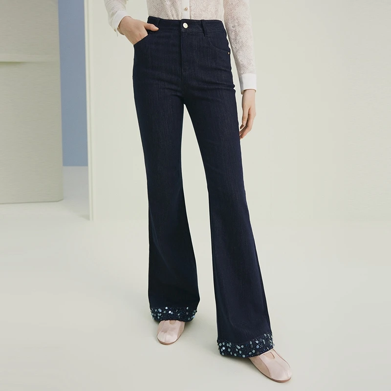 firststation时尚提臀收腰裤脚珠钻微喇牛仔裤女25春新款J626A