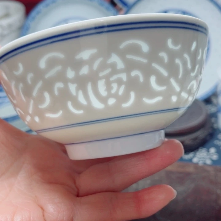 青花玲珑5寸饭碗满雕双福双线
