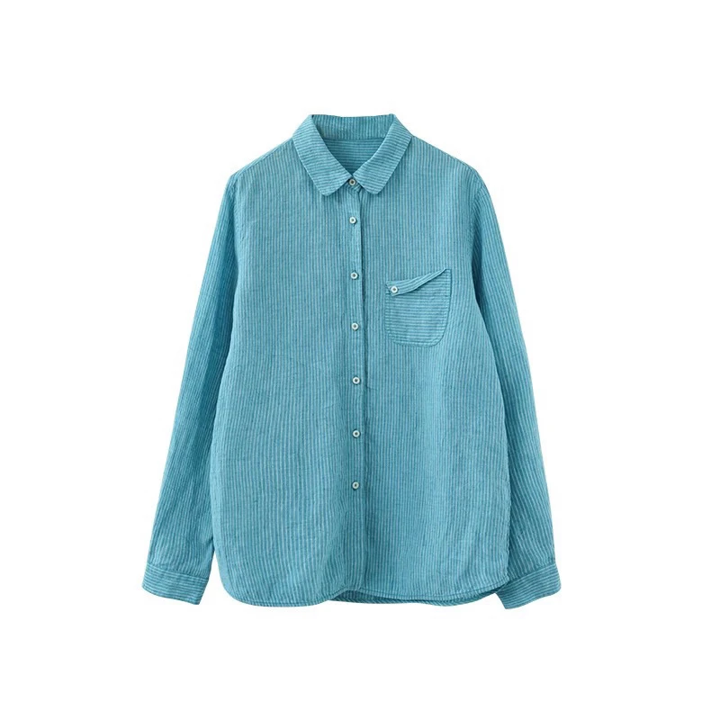 2025夏季新款亚麻条纹衬衫女文艺复古百搭衬衫