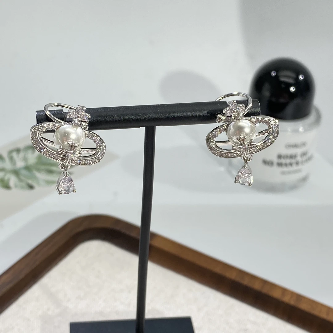 铜合金合成锆石耳饰 05131大淇原创气质“星球十字”白珠锆石耳夹