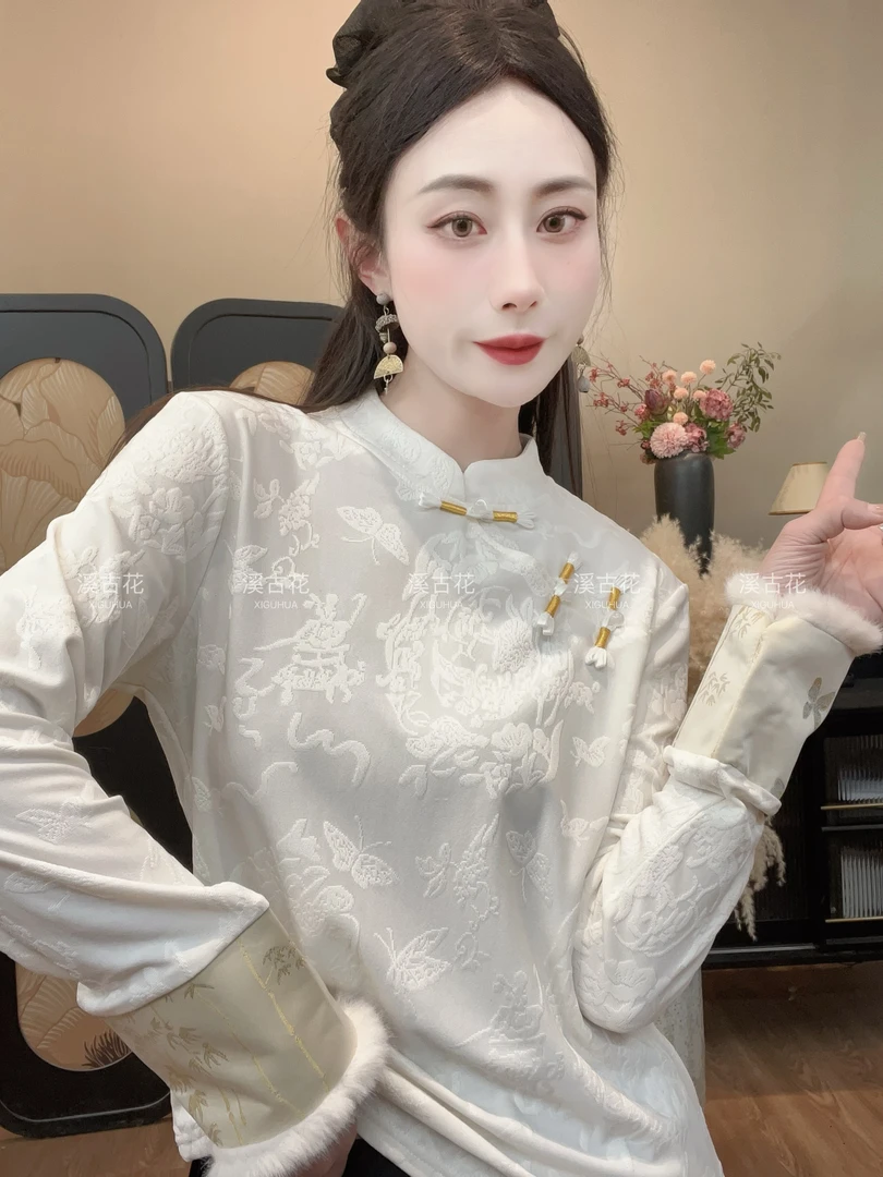【暮见】 冬季加绒加厚浮雕刻花新中式盘扣上衣女提花气质