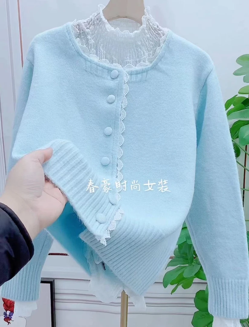2025蕾丝花边毛衣外套女春秋拼接新款甜美宽松显瘦针织开衫