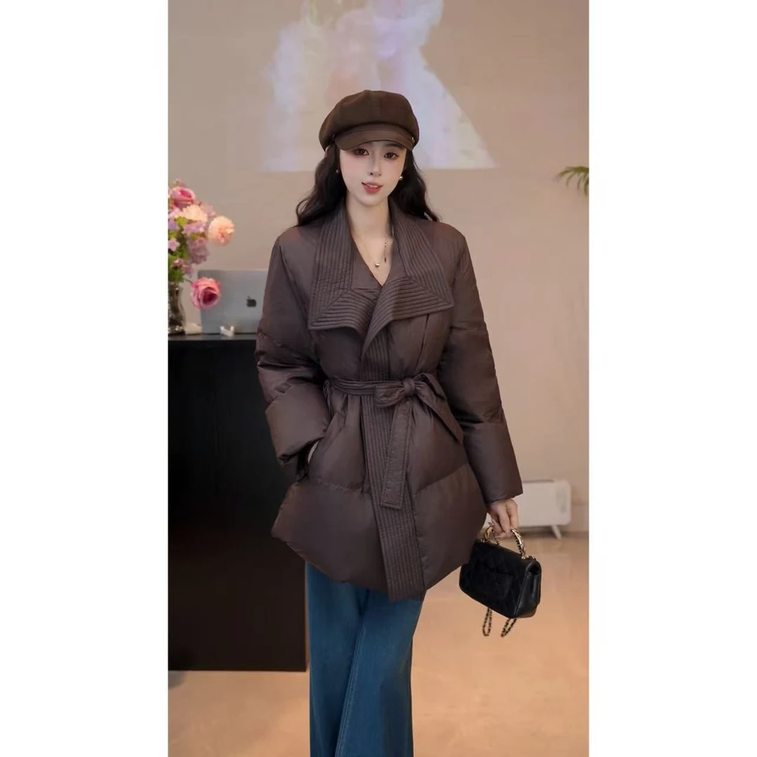 YUANLIANSU/圆脸酥【覆雪千里】法式百搭气质绑带翻领羽绒服外套女
