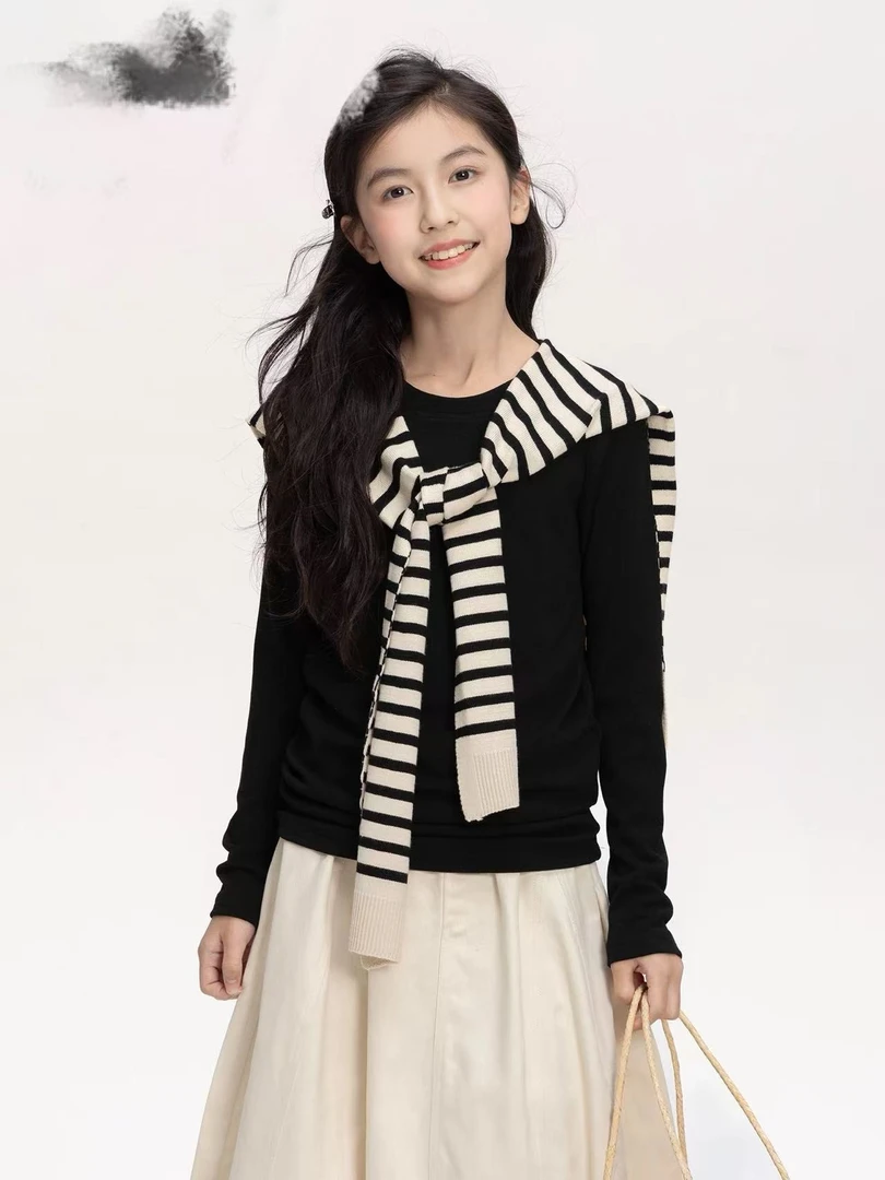 【丫丫童品】2025新款女中大童韩系修身披肩长袖上衣-L586