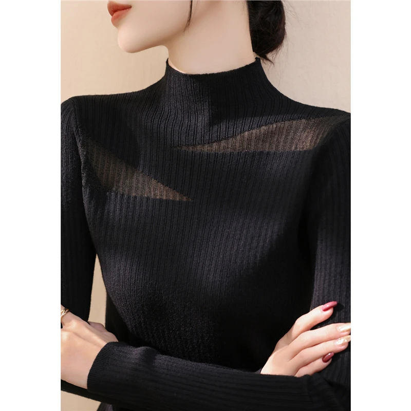 羊毛春秋季女半高领蕾丝网纱镂空针织2025年新款法式拼接打底上衣