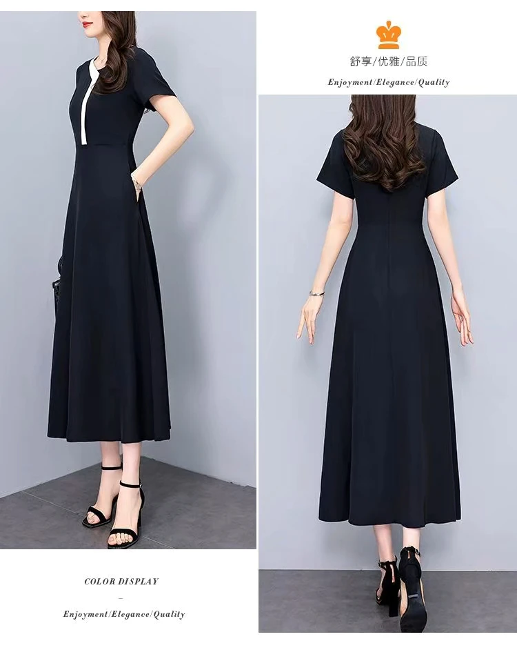蚕丝面料高级感黑色长款连衣裙夏季大码妈妈装显瘦遮肉