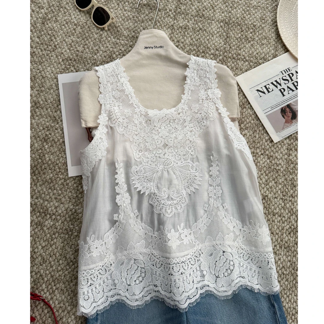 已特价！法式重工刺绣镂空拼接无袖上衣雪纺衫背心11305