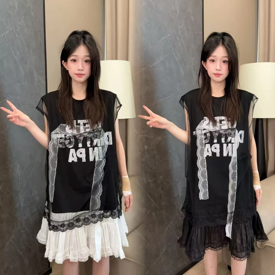 二姐的宝藏夏款小众设计洋气显瘦美式网纱拼接假两件T裙#25245
