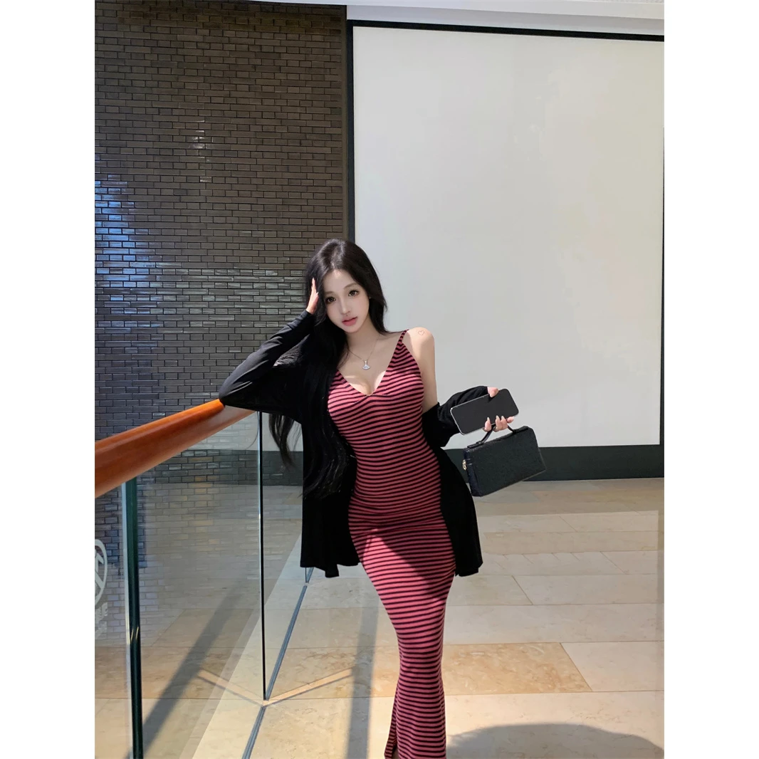 韩系条纹吊带连衣裙套装女高级设计感时尚百搭防晒长袖外披两件套