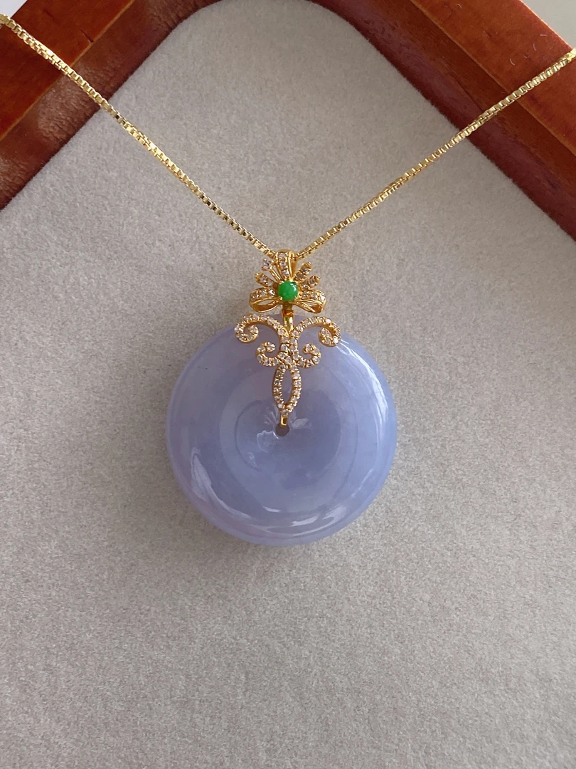 天然缅甸A货翡翠精美时尚百搭款紫罗兰平安扣吊坠 18k金镶嵌