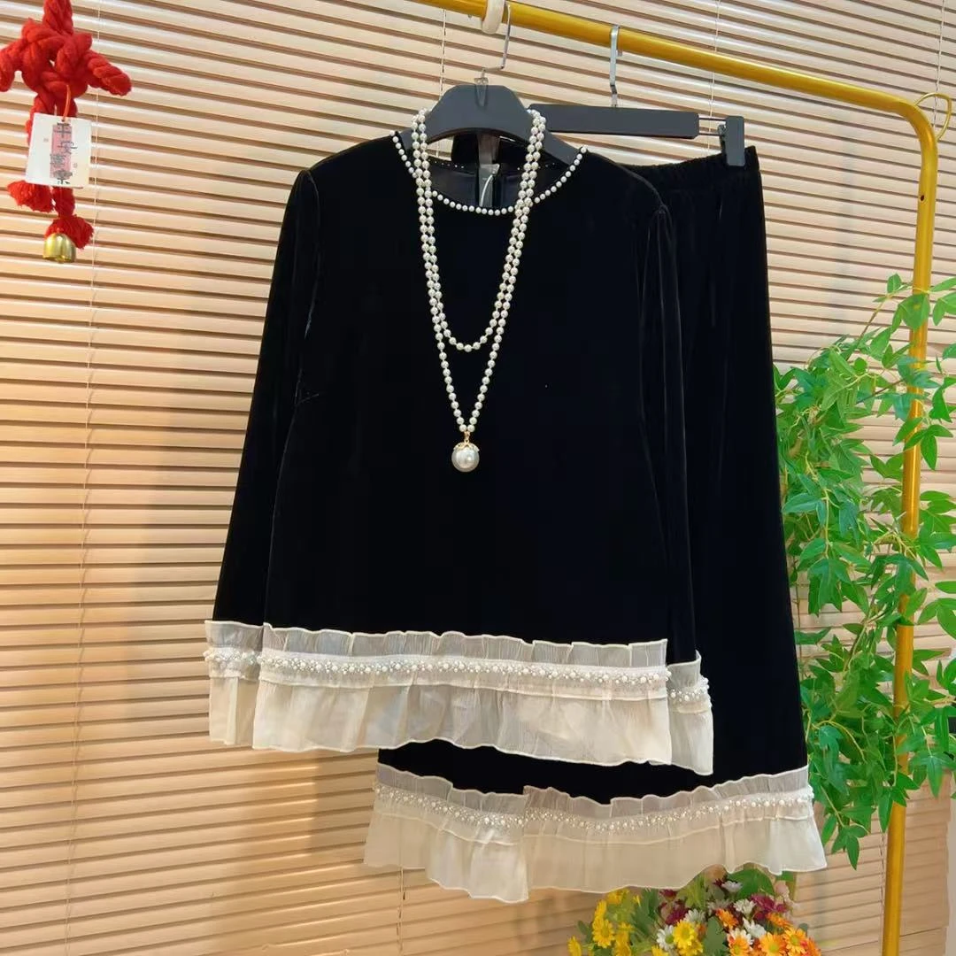 时尚洋气拼接花边上衣裙子胖YY2025秋季新款法式名媛重工轻职套装