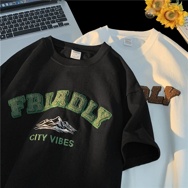 美式大码潮牌短袖T恤男纯棉夏季宽松复古半袖t恤毛巾绣加平绣工艺